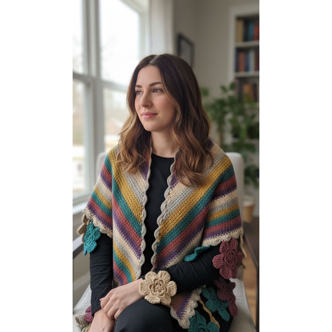 Handmade Crochet Floral Shawl – Multicolor Striped Wrap