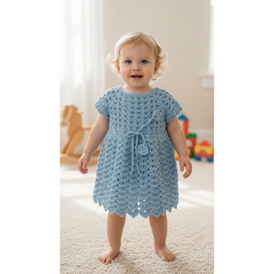 Handmade Crochet Baby Blue Dress with Tie Waist