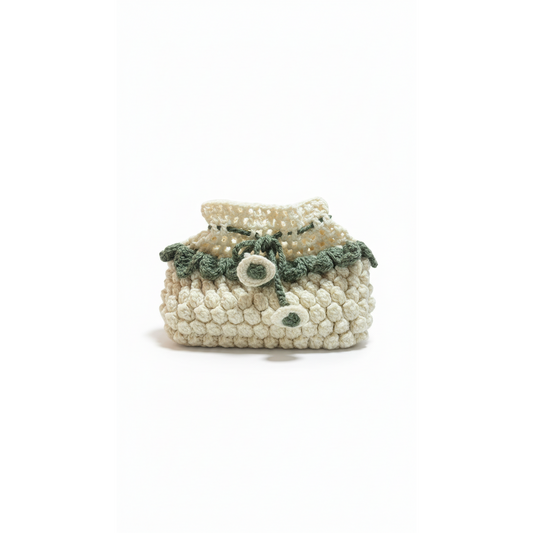 Handmade Crochet Beige Tissue Box Cover with Floral Drawstring