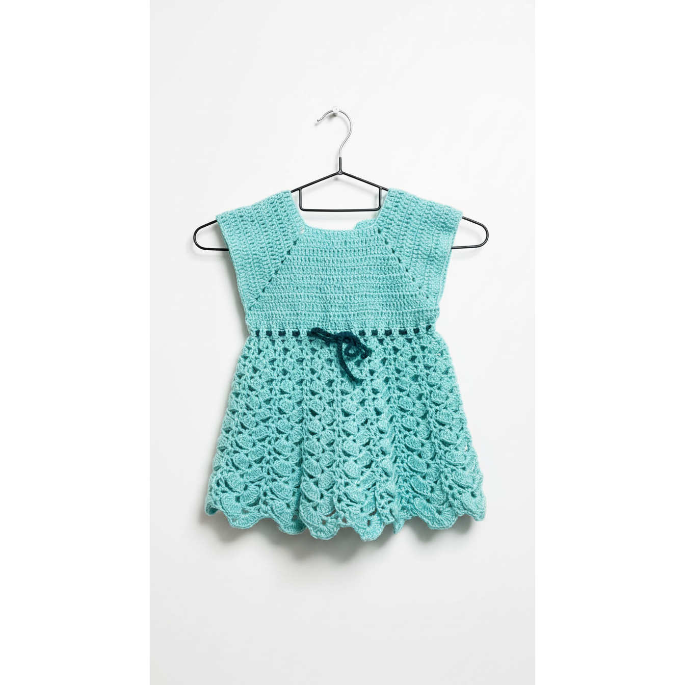 Handmade Crochet Baby Aqua Dress Ribbon Waist Set with Headband & Booties