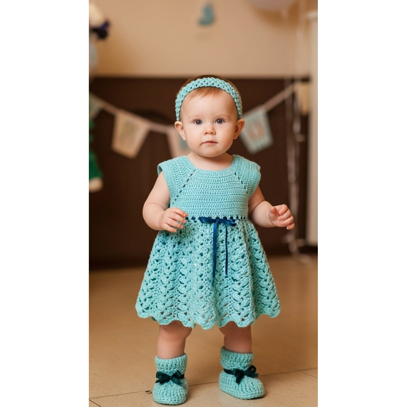 Handmade Crochet Baby Aqua Dress Ribbon Waist Set with Headband & Booties