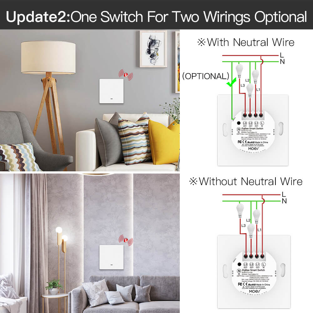 MOES ZigBee 2‑Way Smart Light Switch, Neutral Wire Optional